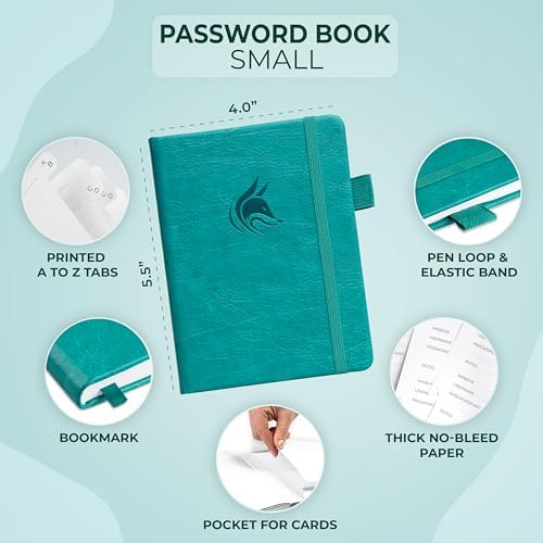 Clever Fox Password Book with Alphabetical Tabs, 4"x5.5" Keeper Aquamarine