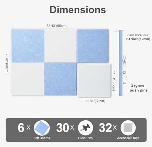 0.47" Thick Felt Pin Board 36"x24" Large Cork Board Alternative 6 Pack 11.81"x11.81"Felt Bulletin Board Wall Tiles Notice Board with 30 Pushpins for Home Office School(Light Blue&White)
