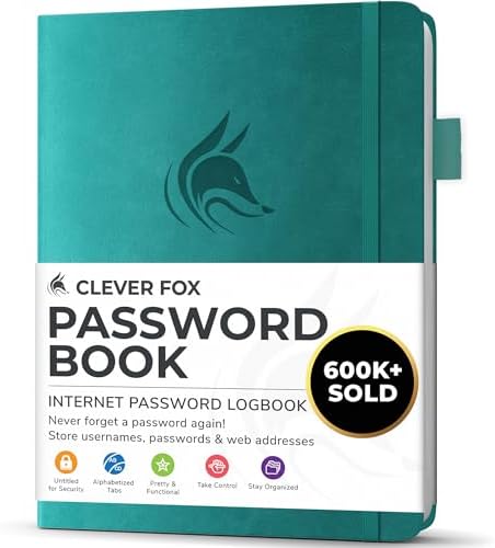 Clever Fox Password Book with Alphabetical Tabs, 4"x5.5" Keeper Aquamarine