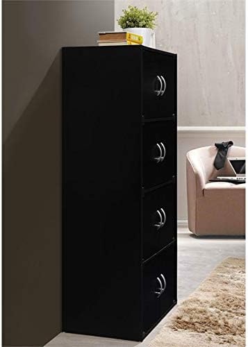 Pemberly Row 4 Shelf 8 Door Bookcase, 54.3 in H x 23.4 in W x 15.5 in D, Wood, Black Finish, Slim Multi-Purpose Organizer for Office, Bedroom, Living Room or Kids' Room
