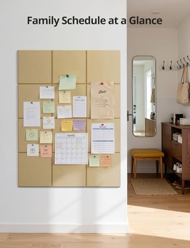 Kuchoow Large Felt Bulletin Cork Board Self-Adhesive Brown Squares Pin Wall Tiles, 48'' x 36'' Vision Tack Panels for Classroom Office Display 12 Pack Corkboard for Kitchen Bedroom Home Decor