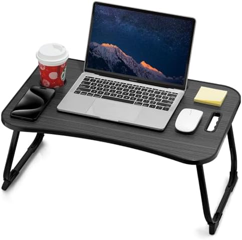 ZEAPTAC Laptop Bed Desk, Foldable Lap Desk, Portable Lap Table, Laptop Stand with Cup Holder, Tablet Slot & Lifting Handle for Work, Write, Draw & Eat on Bed, Sofa or Couch - Black Stripe
