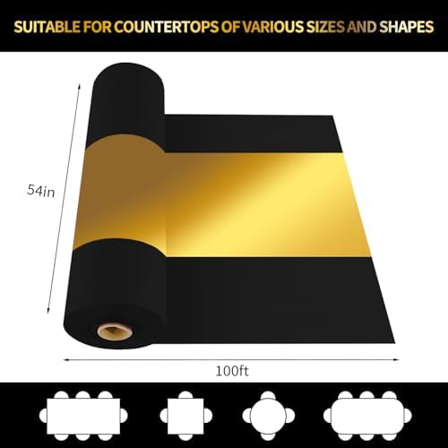 CXPSINC 54 Inch X 100 Feet Plastic Table Cover Roll Disposable Tablecloth with Slide Cutter for All Type/Shape Tables | Party, Banquet, Birthdays, Weddings(Black & Glod, 100 Feet)