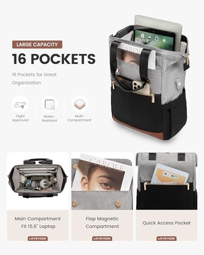 LOVEVOOK Laptop Backpack for Women with Giant Tumbler Holder, 15.6 Inch Work Laptop Bag with USB Port, Fashion Teacher Nurse Backpack Purse, Waterproof Travel Computer Backpack, 2PCS, Grey-Black
