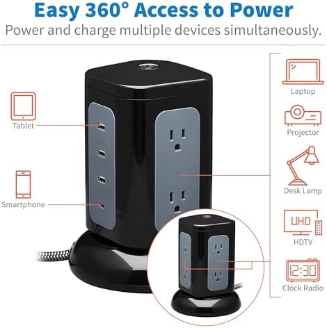 Tripp Lite TLP606UCTOWER Charging Tower Power Strip Surge Protector & Charging Station with USB Ports, 1800 Joules, 6 Outlets, 3 USB-A + 1 USB-C, 8ft Cord, Dorm Room Essentials Desk Accessory