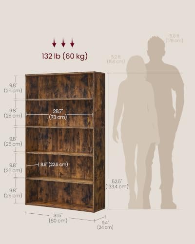 VASAGLE 5-Tier Bookshelf, Storage Organizer, 9.4 x 31.5 x 52.5 Inches