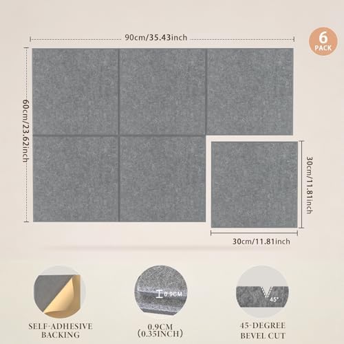 JBER Felt Bulletin Board 36" x 24", 6 Pack Felt Wall Tiles, Light Gray