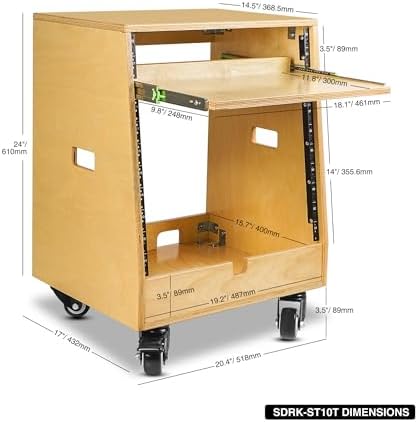 Sound Town DIY Slanted 10U Studio Rack (2U Top + 8U Lower), with 2U Bottom Storage, Slide-Out Tray, Caster, Plywood, Golden Oak For Recording Room, Home Studio (SDRK-ST10T)