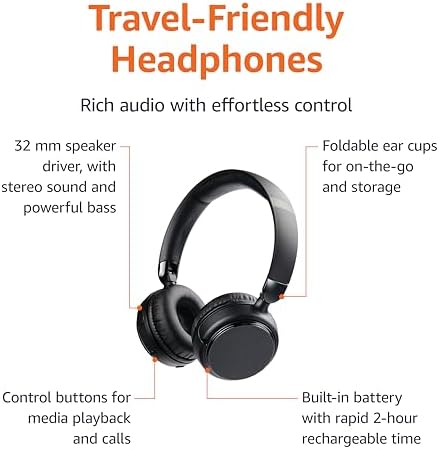 Amazon Basics Bluetooth On-Ear Headphones Wireless with Microphone, Deep Bass, 35 Hour Playtime, Foldable, Collapsible, Portable Travel Friendly, Black