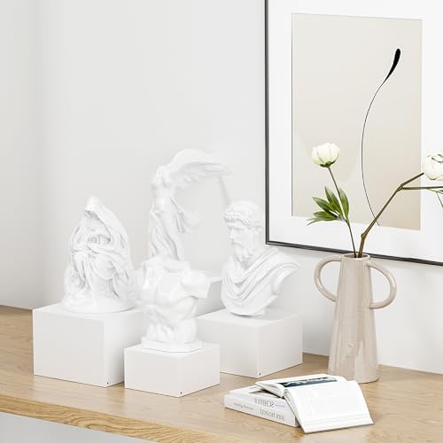 Metal Buffet Risers,4PCS Food Risers for Buffet Table 5in to 8in Display Stand with Mini Acrylic Signs for Catering Dessert Collectibles Jewelry Figures Show Grayish White Cube Boxes Nesting Risers with Hollow Bottoms
