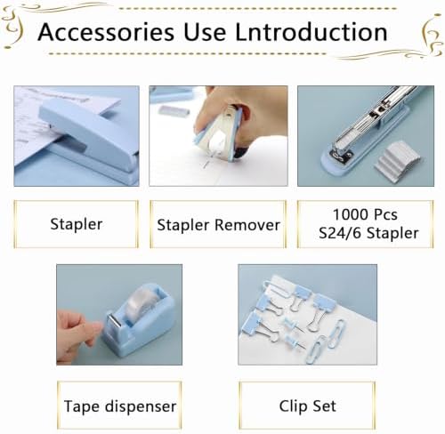 Office Supplies,Blue Desk Accessories,Stapler and Tape Dispenser Set with Stapler,Tape Dispenser,Staple Remover,Staples,Clips,Scissors and Tabs,Gift for Student,Teacher,Coworkers,Business,Gift 9pcs