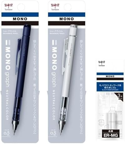 Tombow Mechanical Pencil 0.5mm, Navy & Gray with Eraser Refills Set
