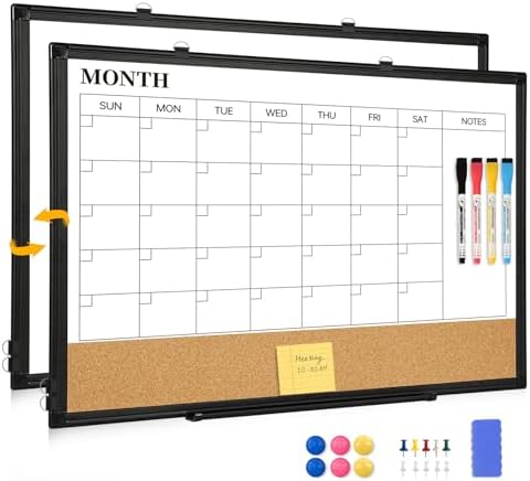 Monthly Dry Erase Calendar Whiteboard with Corkboard, 24" x 18", Black