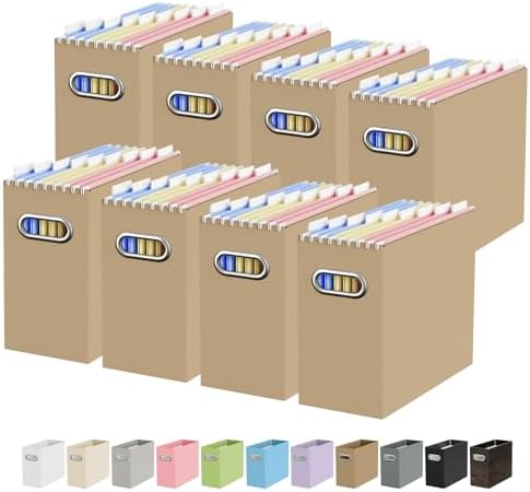 Oterri Portable Collapsible Cardboard File Box with Handle for Letter-Size | 8-Pack. Stainless Steel Handle. Label Stickers Included. Fits Letter Folders (Not Included). Home, Office, School, Dorm, Tax.