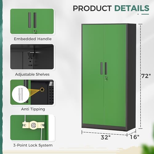 Greenvelly Metal Garage Storage Cabinet, 72" Tall Steel Storage Cabinets with Doors and Adjustable Shelves, Metal Tool Cabinets, Locking File Cabinet for Home Office, Garage, School (Black&Green)