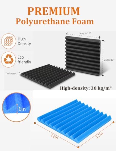 Sound Proof Foam Panels for Wall 48 Pack Acoustic Panels Sound Absorbing 1" X 12" X 12" Fire-Proofed Soundproofing Foam High Density Sound Dampening Panels for Room Studio Blue Black