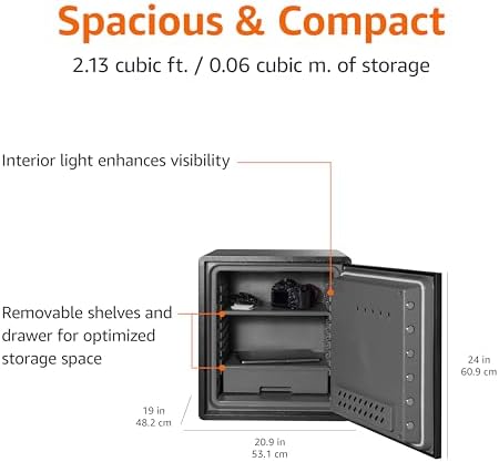 Amazon Basics Fireproof and Waterproof Safe Box with Digital Keypad Electronic Lock, Fire Resistant, Interior Lighting, Removable Shelf, for Home Use, 2.13 Cubic Feet, 24"H x 20.87"W x 19"D, Black