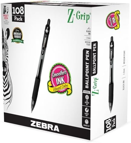 Zebra Pen Z-Grip Retractable Ballpoint Pen, Black Ink, 1.0mm, 108 Bulk-Pack