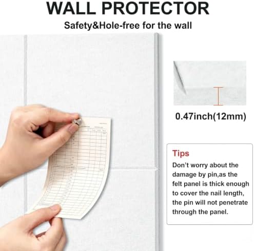 Felt Wall Tiles Bulletin Board Large Cork Board Alternative 12 Pack 11.81”x11.81”x0.47” Felt Pin Board Tack Board with Safe Removable Adhesive Tabs for Home Office School 48x36(White)