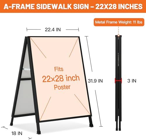 A-Frame Sidewalk Sign 22x28 Inch, Heavy Duty Metal A Frame Sign Holder, Double-Sided Folding Sandwich Board Sign, Slide-In Poster Design, Outdoor & Indoor Sidewalk Sign for Restaurants & Retail