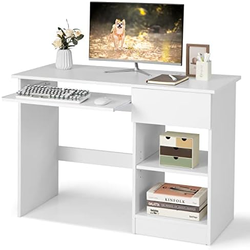 COSTWAY Computer Desk with Keyboard Tray, Large Drawer, Home Office Desk with Adjustable Shelf & Cable Hole, Study Desk, Modern Writing Workstation, PC Laptop Table (White)
