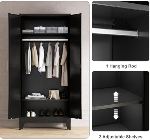 Washsemba 71'' Farmhouse Metal Wardrobe Cabinet with Hanging Rod, 2 Barn Door Wardrobe Closet with 2 Adjustable Shelves,for Dining Room,Bedroom,Living Room, Cloak Room,Office (Black)