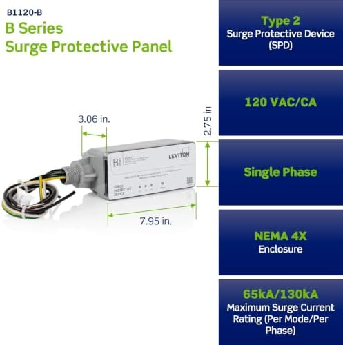 Leviton Type 2 Surge Protective Panel, 120 VAC, Single Phase, 130kA per Phase, B1120-B