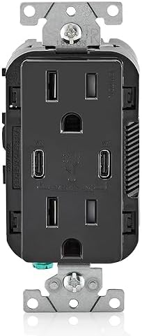 Leviton T5637-E 30W (6A) USB Dual Type-C/C in-Wall Charger with 15A Tamper-Resistant Outlet, USB Charger for Smartphones and Tablets, Not for Laptops, Black
