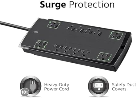 Monoprice 12 Outlet Slim Surge Protector - UL Rated, 4,230 Joules, Grounded and Protected Light Indicator, 10 Feet, Black (Pack of 2)