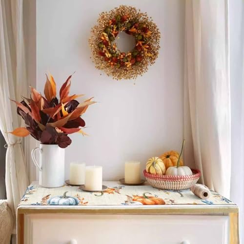 Fall Pumpkin Table Runner Dresser Scarf 13 x 36 Inch Blue Orange Maple Leaf Rustic Table Runners Non-Slip Heat Resistant Kitchen Dining Table Decor for Autumn Thanksgiving Holidays Indoor Outdoor