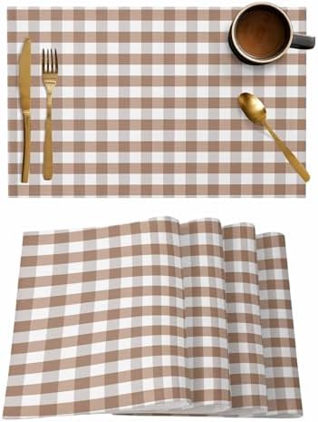 Rustic Brown White Buffalo Check Plaid Pattern Placemats Set of 4, Farmhouse Heat Resistant Washable Table Place Mats Cotton Table Linens Party Holiday Decor for Kitchen Dining Outdoor Indoor