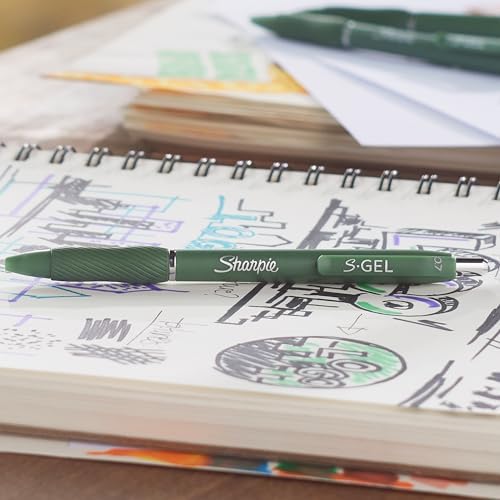 Sharpie S-Gel Gel Pens Drawing Pens Gel Ink For Journaling Writing Coloring Medium Point (0.7Mm) Green Barrel Black Ink 4 Count, Pack of 36