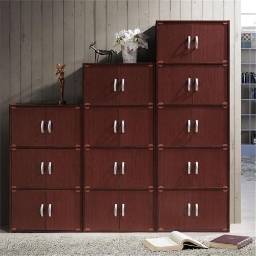 Pemberly Row 3-Shelf 6-Door Wood Bookcase, Mahogany Finish, 41" H x 23.40" W x 15.5" D, Slim Versatile Design, Multi-Purpose for Office, Bedroom, Kids Room, Kitchen or Entryway Storage