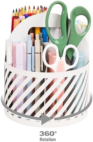 Mind Reader Round Metal Desktop Carousel Organizer with Handle, Four Compartments, Office Supplies and Accessories, Metal, White