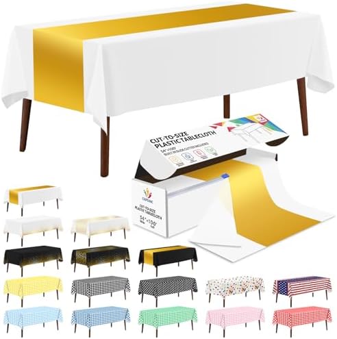 CXPSINC 54 Inch X 100 Feet Plastic Table Cover Roll Disposable Tablecloth with Slide Cutter for All Type/Shape Tables | Party, Banquet, Birthdays, Weddings(White & Glod, 100 Feet)