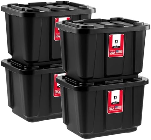 IRIS USA 4-Pack 12 Gal Heavy Duty Storage Tote Bins with Lids, Black