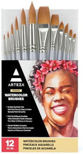 ARTEZA Watercolor Brushes, Set of 12, Synthetic Hair, Assorted Shapes