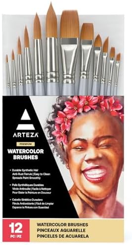ARTEZA Watercolor Brushes, Set of 12, Synthetic Hair, Assorted Shapes
