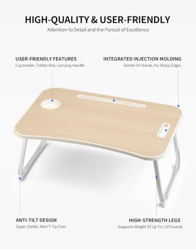 ZEAPTAC Foldable Lap Desk, Bed Desk, Bed Table & Laptop Stand w/Cup Holder