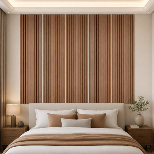 5 Pack Large Wood SlatWall Acoustic Panels for Wall 47.2 x 23.6 x 0.4 Inch Soundproof Absorbing Decor Panel Wood Veneer Panels for Living Room Bedroom Home Studio Office Decor(Wooden Stripes, 5 Pack)