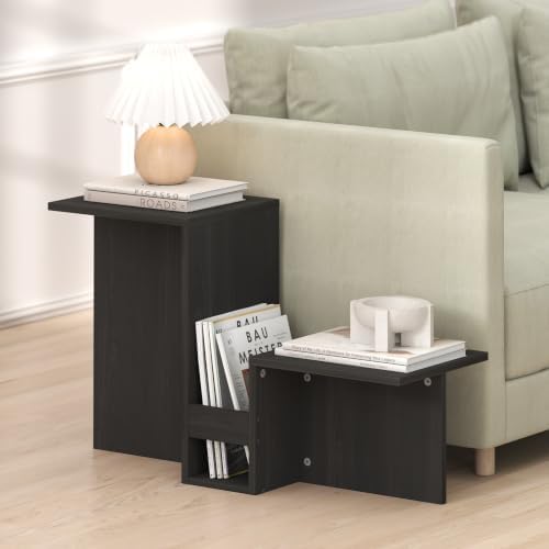 Furinno BOYATE Valley-Shaped Side Table with Open Shelf, Espresso | Compact, Narrow, Tiered Levels and Magazine Rack, High-Low Tabletop, End Table, for Living Room, Bedroom