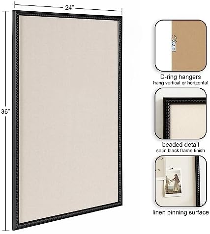 Kate and Laurel Makenna Framed Linen Fabric Pinboard; 24 x 36; Black; Traditional Beaded Bulletin Board for Vintage Home Wall Organization or Aspirational Vision Board