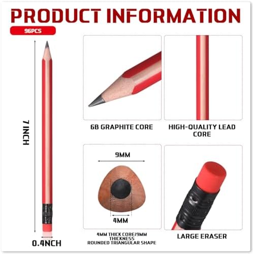 Seajan 96 Pcs 6B Jumbo Pencils, Big, Fat, Thick, Triangular Pencils Refill with Eraser 7 Inch Large Pencil for Kids Beginners Preschoolers Kindergarten School Office Christmas Gifts(Red)