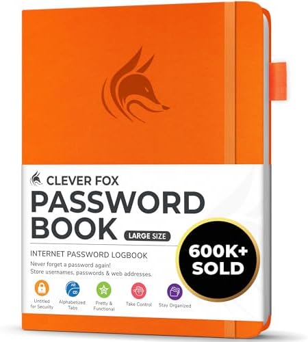 Clever Fox Password Book with Alphabetical Tabs, 7"x10" Keeper Orange