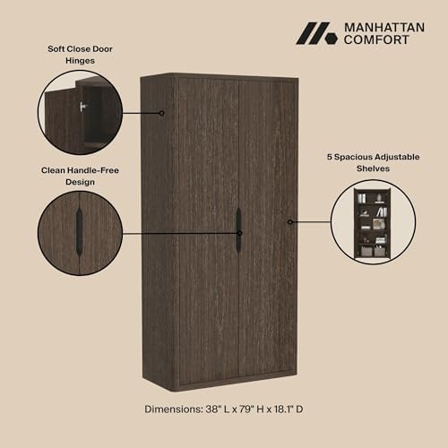 Manhattan Comfort Rivington Bookshelf 79 in Tall 5-Tier Bookcase, Modern Soft Close Storage Cabinet, Handle-Free, Round Corner Design for Living Room, Bedroom, or Home Office, Set of 3 in Walnut