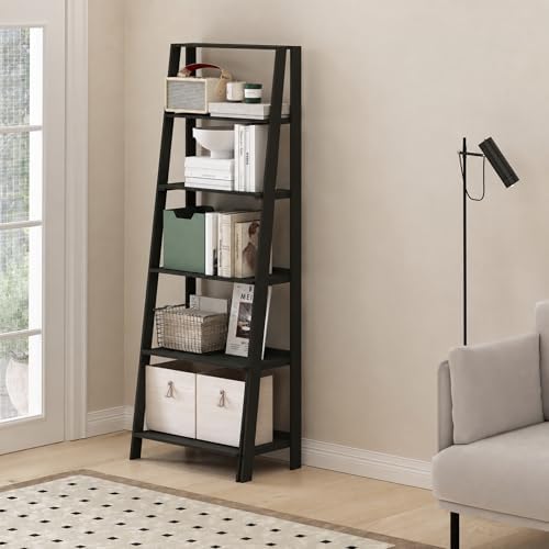 Furinno 6-Tier Ladder Shelf, Black Ladder Book Shelf, Bookcase, Storage Shelves, Storage Rack, for Organization and Storage, Living Room, Home Office, Black Espresso