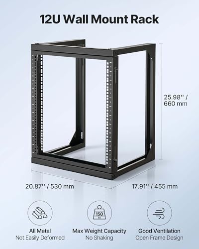 VEVOR 12U Open Frame Server Rack, Free Standing or Wall Mount Rack with 180 Degrees Gate Swing, Network Rack for 19" IT Equipment & A/V Devices