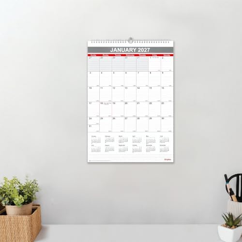 2027 Staples 12" x 17" Monthly Wall Calendar, White/Red/Gray