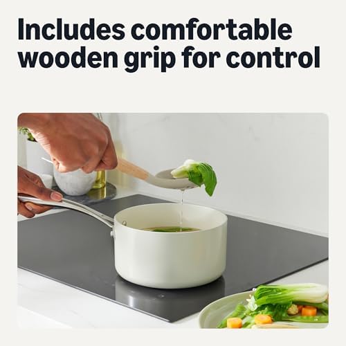 Amazon Basics Silicone Cooking Utensils Set with Wooden Handle, 14-Piece, BPA-Free, Utensil Holder Included, Linen Gray