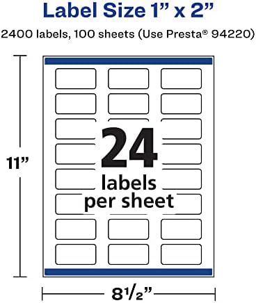 Avery Matte White Rectangle Labels, Sure Feed Technology, 1" x 2", 2,400 Matte White Printable Labels